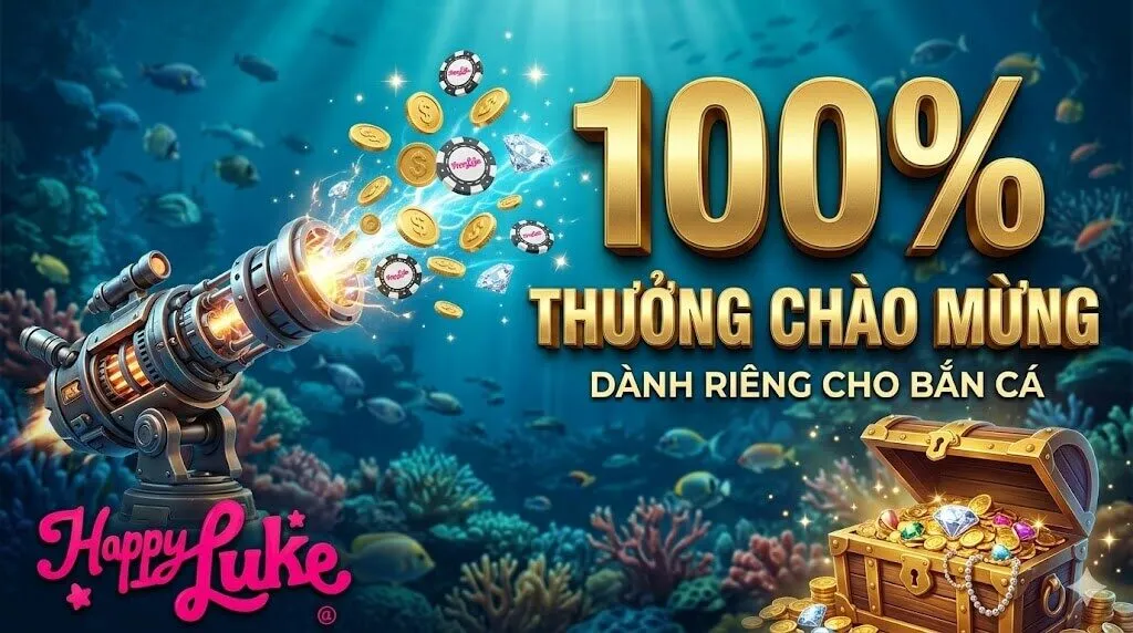 Họng pháo game bắn cá nhả tiền vàng và kim cương, minh họa cho gói khuyến mãi thưởng chào mừng 100% dành riêng cho tân binh tại nhà cái HappyLuke.
