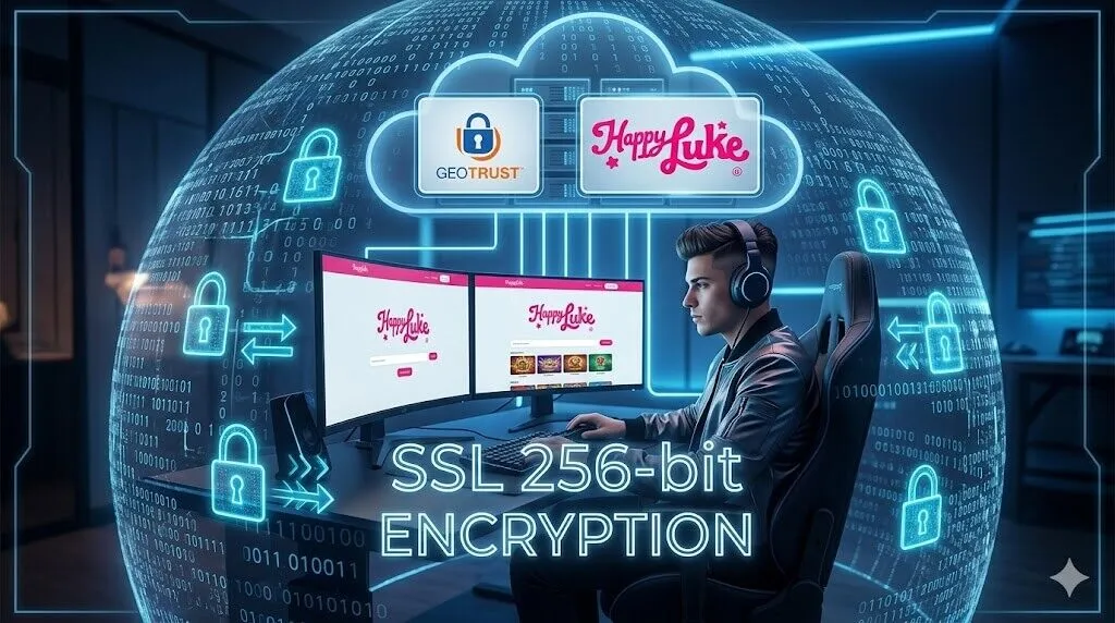 Người chơi tại Happyluke được bảo vệ bởi tường lửa kỹ thuật số phát sáng hiển thị văn bản 'SSL 256-bit ENCRYPTION', biểu tượng ổ khóa, máy chủ đám mây GEOTRUST và logo Happyluke.