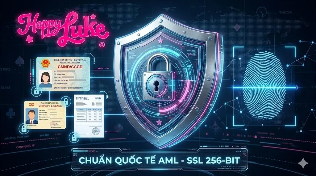 Hệ thống bảo mật thông tin và xác minh tài khoản KYC tại Happyluke đạt chuẩn quốc tế AML và SSL 256-bit.