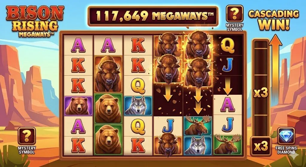 Infographic giải thích gameplay Bison Rising Megaways: Lưới slot hiển thị 117,649 MEGAWAYS, hiệu ứng nổ biểu tượng và bảng nhân thưởng x3.