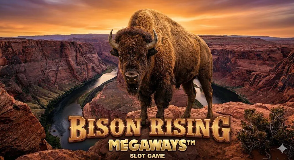 Ảnh bìa bài viết Bison Rising Megaways tại Happyluke: Bò rừng Mỹ mạnh mẽ đứng trên mỏm đá tại hẻm núi Grand Canyon lúc hoàng hôn.