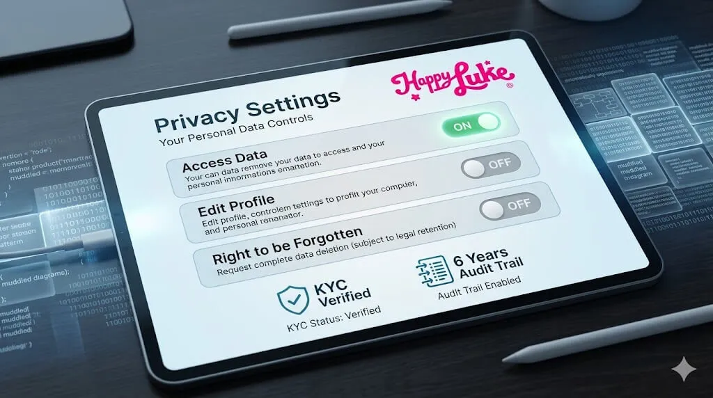 Giao diện 'Privacy Settings' (Cài đặt quyền riêng tư) trên máy tính bảng hiển thị logo Happyluke và các nút bật/tắt cho 'Access Data' (ON), 'Edit Profile' (OFF), 'Right to be Forgotten' (OFF). Biểu tượng xác minh KYC và dấu vết kiểm toán 6 năm hiện rõ.