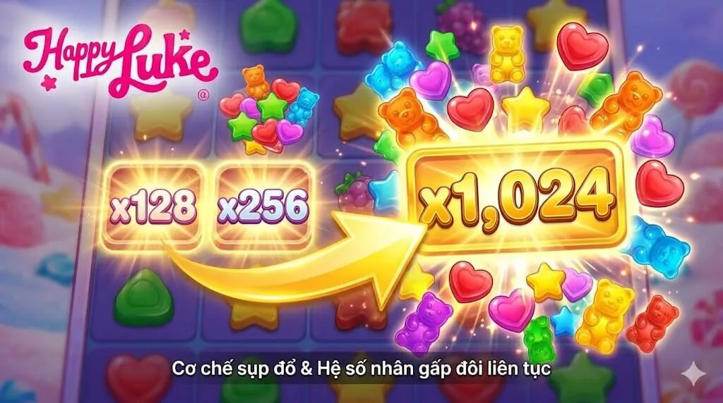 Visual hóa cơ chế hệ số nhân Sugar Rush 1000 tại Happyluke. Cận cảnh lưới kẹo nổ với các multiplier glowing x128, x256 và x1,024, kèm logo Happyluke.