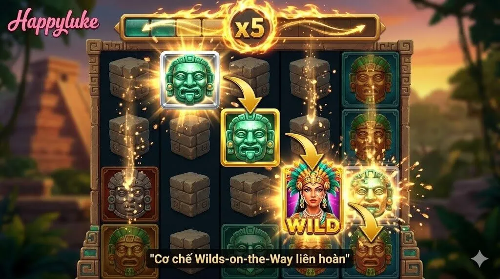 Hướng dẫn chi tiết cơ chế vòng quay sụp đổ (Cascading) và tính năng chuyển đổi Wilds-on-the-Way liên hoàn trong game Treasures of Aztec.