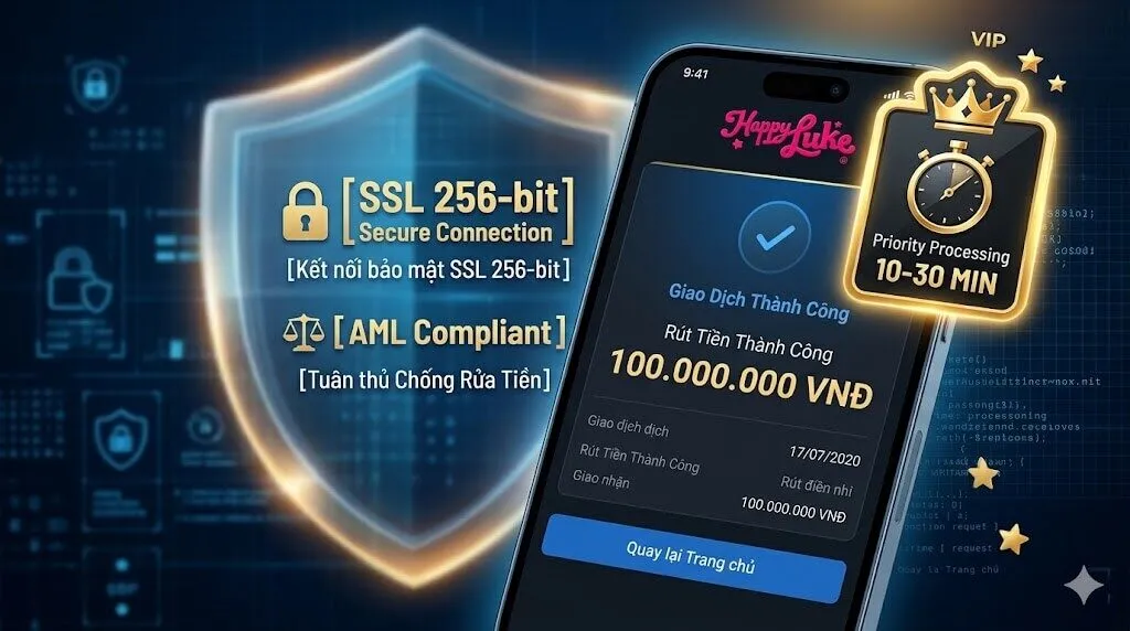 Giao diện rút tiền thành công với đặc quyền xử lý ưu tiên 10-30 phút và hệ thống bảo mật SSL 256-bit dành cho hội viên VIP Happyluke.