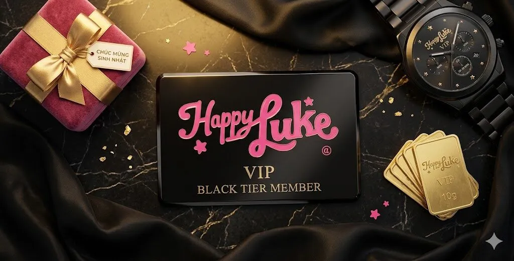 Thẻ thành viên VIP Black Happyluke sang trọng cùng các biểu tượng đại diện cho đặc quyền hoàn trả cao và quà tặng sinh nhật khủng.