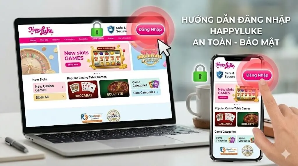 Giao diện đăng nhập Happyluke chính thức trên máy tính và điện thoại, đảm bảo an toàn với chuẩn bảo mật SSL.