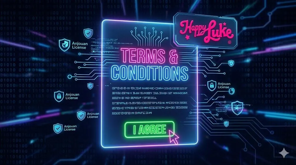 Hợp đồng thông minh hologram phát sáng lơ lửng hiển thị tiêu đề lớn 'TERMS & CONDITIONS' với các data pathways. Ở dưới cùng, nút bấm 'I AGREE' màu xanh lá neon được ngón tay chạm vào. Xung quanh là các biểu tượng khiên nhỏ và 'Anjouan License'. Phông nền tối với dải mã code lướt nhẹ.