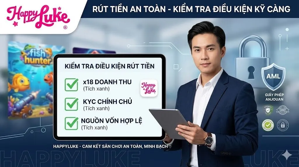 Chuyên gia phân tích hiển thị bảng danh sách kiểm tra điều kiện rút tiền hợp lệ tại HappyLuke, bao gồm hoàn thành vòng cược x18, xác minh KYC và tuân thủ chính sách bảo mật AML.