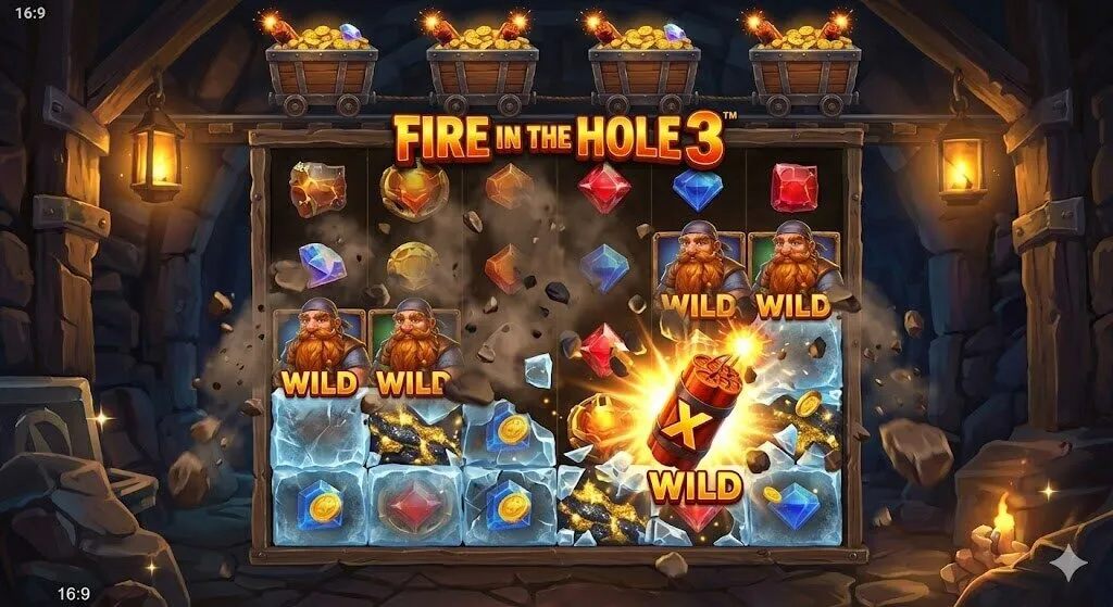Cận cảnh cơ chế Lucky Wagon Spins trong game Fire in the Hole 3, hiển thị các xe goòng chức năng, biểu tượng xBomb Wild và chú lùn Dwarf đang hoạt động.