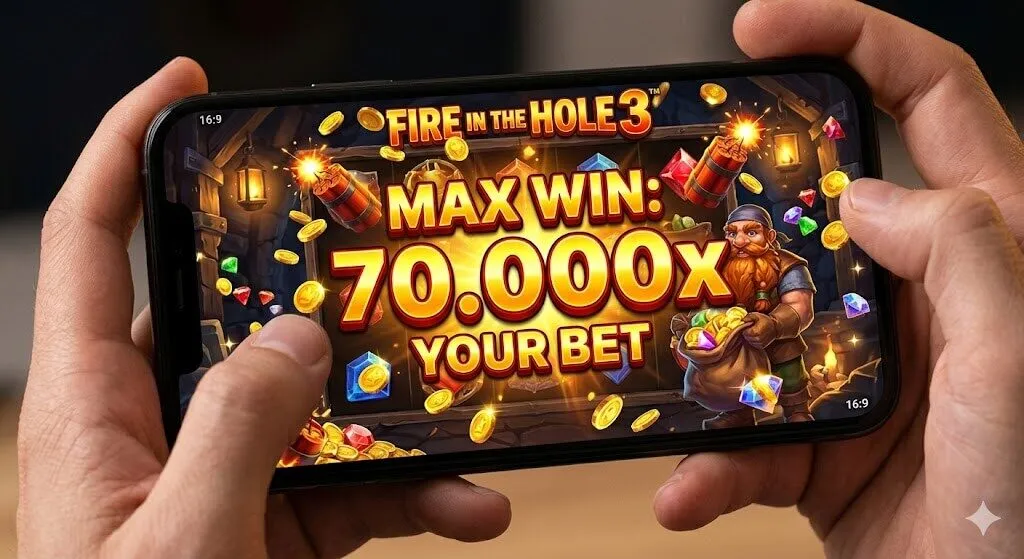 Màn hình game slot Fire in the Hole 3 từ Nolimit City hiển thị mức thắng tối đa Max Win lên đến 70.000 lần tiền cược đầy kịch tính.