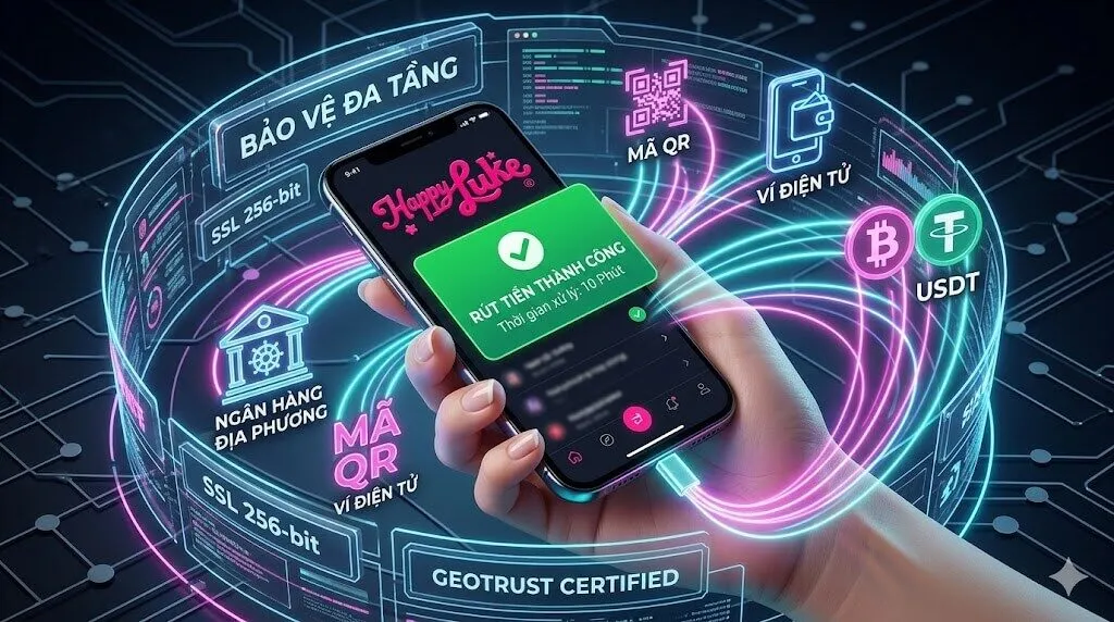 Cận cảnh điện thoại thông minh viền mỏng đang hiển thị ứng dụng hoặc trang web Happyluke với thông báo Pop-up màu xanh lá cây 'Rút Tiền Thành Công - Thời gian xử lý: 10 Phút'. Từ màn hình tỏa ra các luồng ánh sáng neon chứa biểu tượng các phương thức thanh toán quen thuộc. Bao bọc lấy thiết bị là chiếc khiên chắn kỹ thuật số có chữ 'SSL 256-bit' và 'GEOTRUST'.