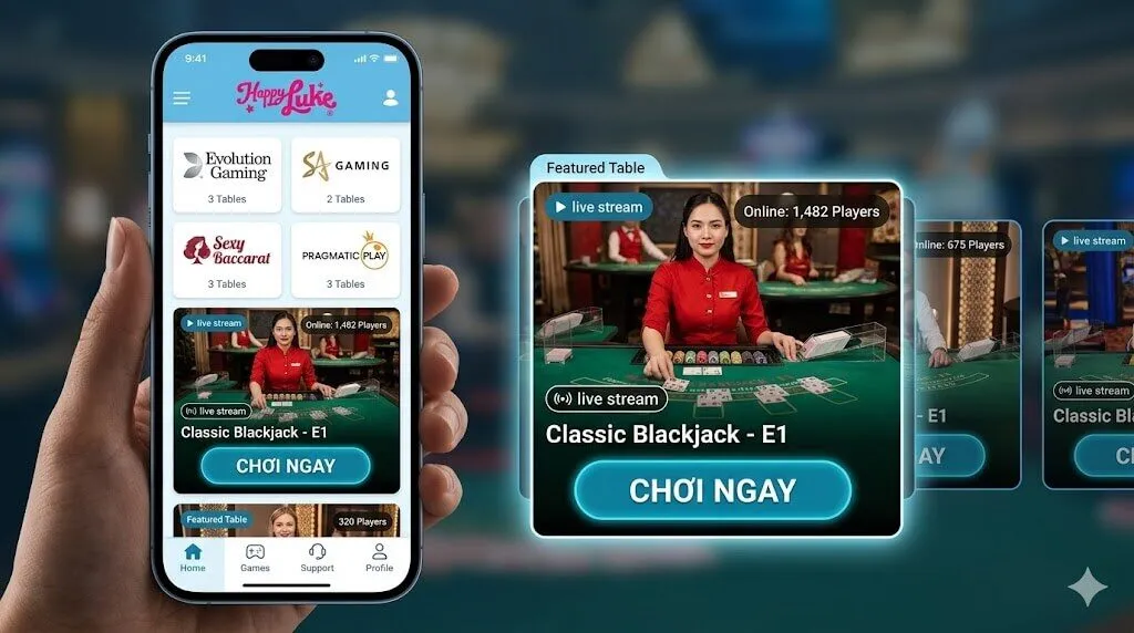 Giao diện sảnh Live Casino Happyluke tối ưu trên điện thoại di động với Dealer người thật.