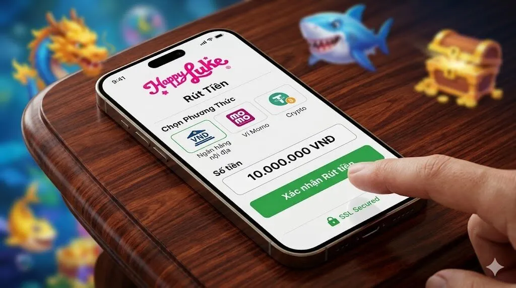 Giao diện ứng dụng di động Happyluke hiển thị mục Rút Tiền với các tùy chọn ngân hàng, Momo và Crypto cùng biểu tượng bảo mật SSL Secured