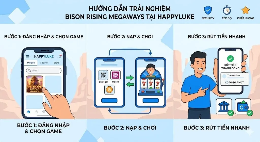 Infographic hướng dẫn 3 bước chơi Bison Rising Megaways tại Happyluke: Đăng nhập và chọn game, Nạp và Chơi với ví Momo và Bank QR, Rút tiền nhanh 10-30 phút.