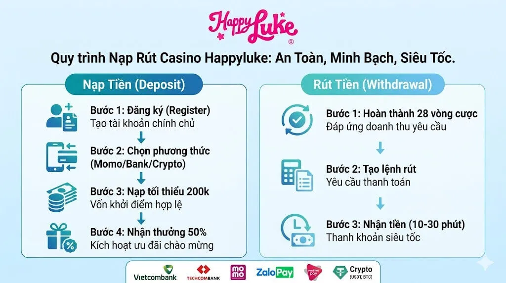 Quy trình hướng dẫn nạp rút tiền casino Happyluke an toàn qua ngân hàng và ví điện tử.