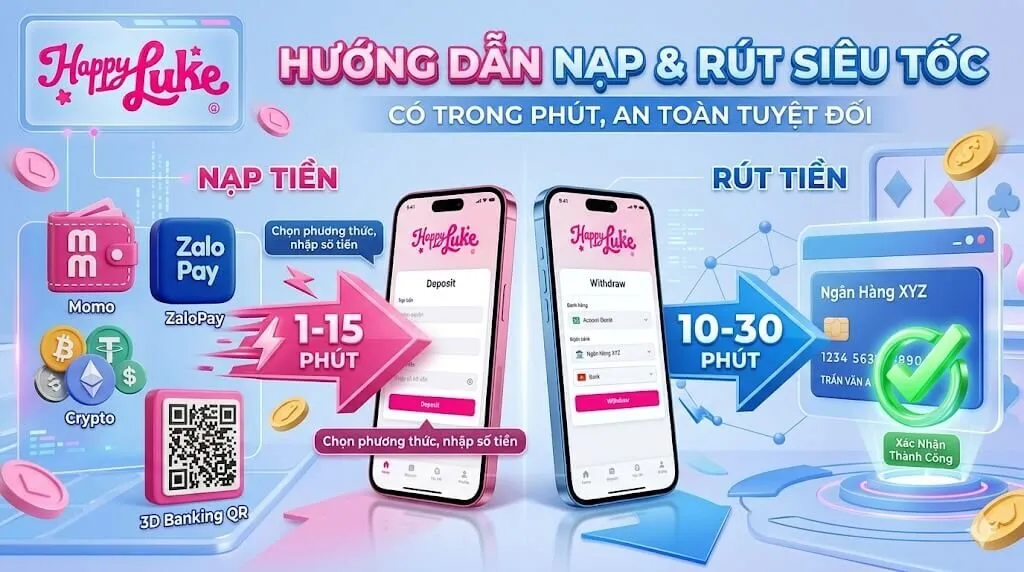 Infographic hướng dẫn thời gian nạp và rút tiền siêu tốc qua các kênh thanh toán an toàn tại Happyluke.