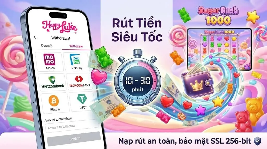 Hướng dẫn nạp rút tiền game Sugar Rush 1000 tại Happyluke. Ảnh composite minh họa đa dạng cổng thanh toán (MoMo, ZaloPay, Crypto), thời gian rút 10-30 phút, và bảo mật SSL 256-bit.