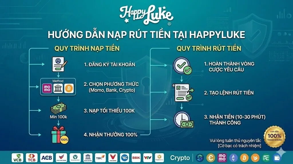 Quy trình hướng dẫn rút tiền thể thao Happyluke nhanh chóng từ 10-30 phút qua ngân hàng.
