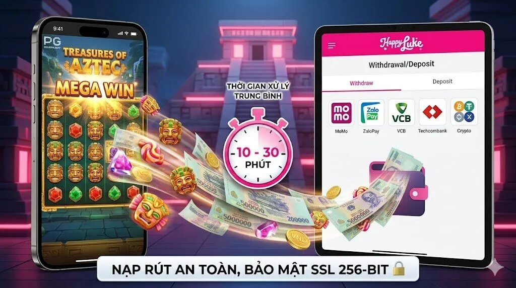 Trải nghiệm rút tiền thắng cược Treasures of Aztec tại Happyluke siêu tốc 10-30 phút qua đa dạng cổng thanh toán an toàn với bảo mật SSL 256-bit.