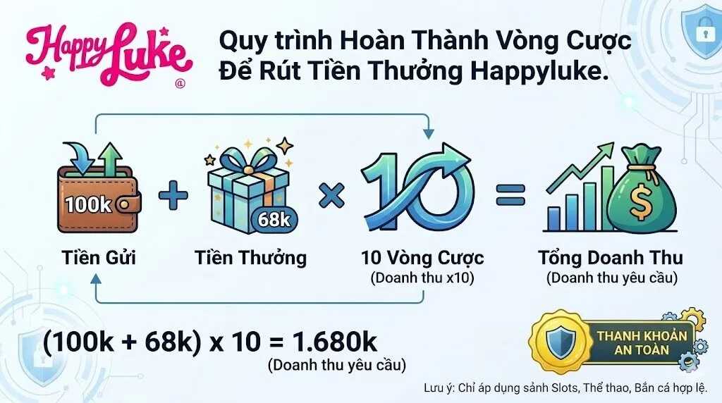 Infographic hướng dẫn công thức tính x10 vòng cược để rút tiền thưởng nạp đầu Happyluke.