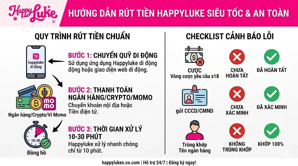 Quy trình rút tiền chuẩn và các lưu ý về vòng cược, KYC để lệnh thanh toán được duyệt nhanh nhất.