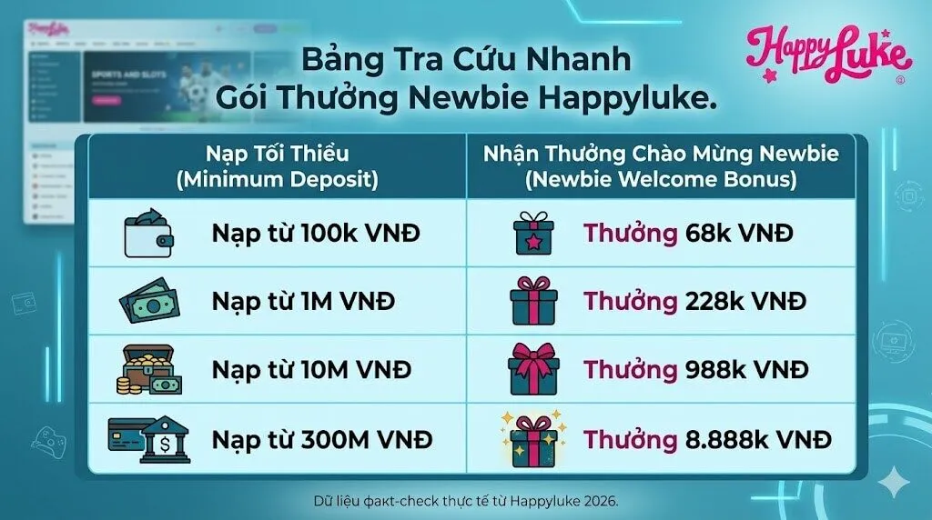 Bảng so sánh các mức thưởng nạp đầu Happyluke cho thành viên mới theo từng mốc tiền gửi.
