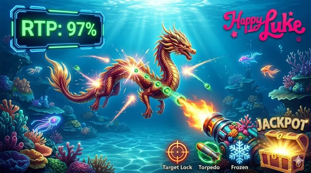 Bảng điều khiển RTP 97% trong game bắn cá Jackpot Fishing của Jili tại Happyluke, với Rồng Jackpot lấp lánh và súng bắn cá
