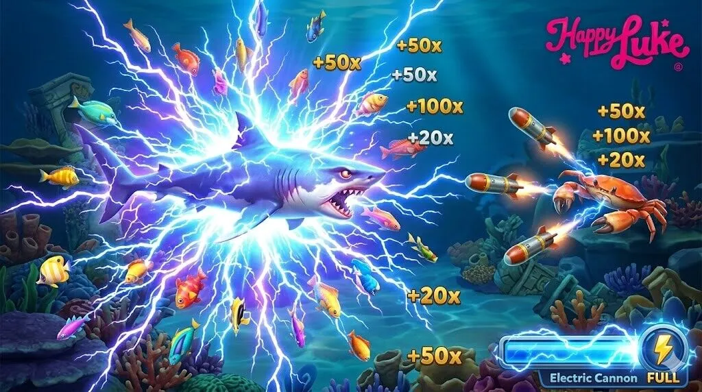 Cận cảnh tia sét lan truyền từ Cá Mập Sấm Sét và cua phóng ngư lôi tạo combo tiêu diệt cá hàng loạt trong game Jackpot Fishing