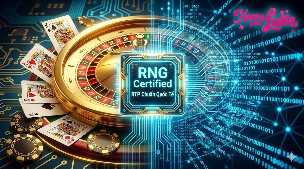 Sự kết hợp giữa không gian Casino và Khoa học công nghệ. Một nửa hình ảnh là các vật phẩm giải trí cao cấp sống động. Một nửa còn lại đang phân rã thành các dải mã code nhị phân và chuỗi thuật toán phát sáng. Ở chính giữa là con chip điện tử hoặc huy hiệu phát sáng rực rỡ với dòng chữ 'RNG Certified' và 'RTP Chuẩn Quốc Tế'.