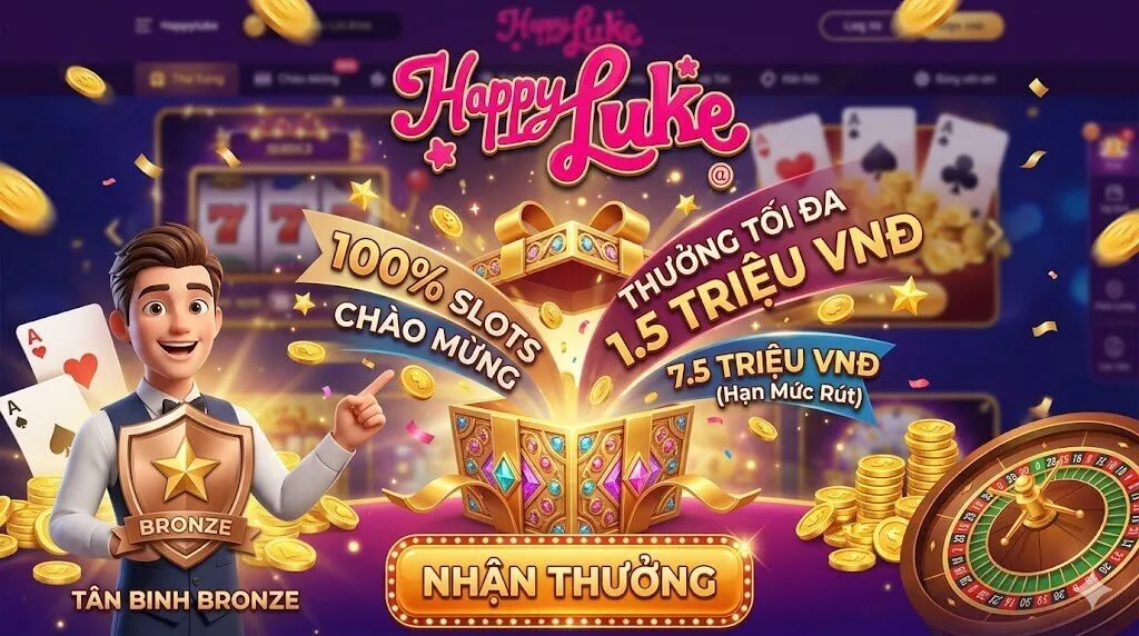 Hộp quà nhận thưởng chào mừng 100% Slots tại Happyluke lên đến 1.5 triệu VNĐ dành cho thành viên mới hạng Bronze.