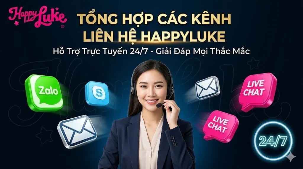Nhân viên tổng đài chăm sóc khách hàng và tổng hợp các kênh liên hệ trực tuyến 24/7 của Happyluke bao gồm Zalo, Skype, Email và Live Chat.
