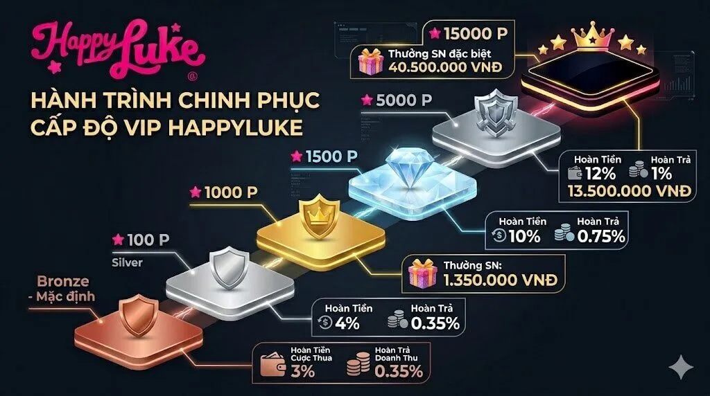 Đồ họa lộ trình thăng hạng 6 cấp độ VIP tại Happyluke từ Bronze đến Black, kèm chi tiết tỷ lệ hoàn trả và thưởng sinh nhật.