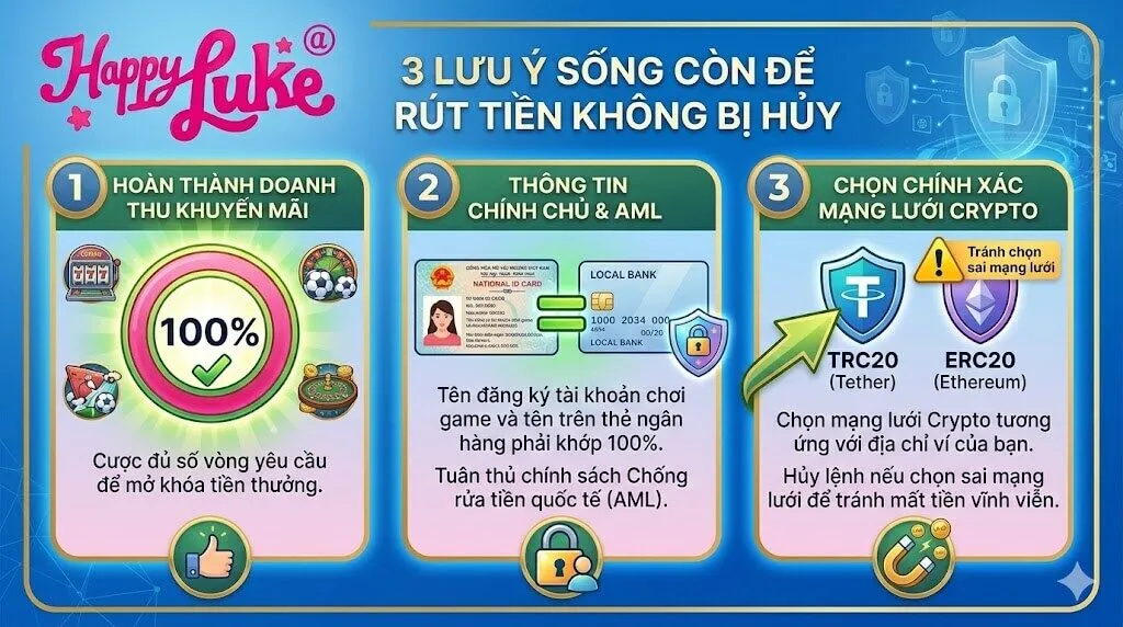 3 lưu ý quan trọng để tránh bị hủy lệnh rút tiền Happyluke: Hoàn thành đủ doanh thu vòng cược, đảm bảo thông tin tài khoản chính chủ theo luật AML và chọn chính xác mạng lưới Crypto.
