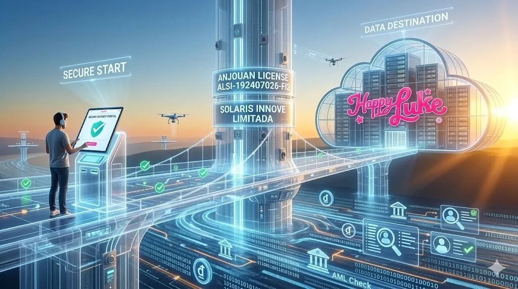 Cây cầu hiện đại trong suốt nối người chơi đang nạp tiền an toàn với tòa nhà máy chủ Happyluke, bắc qua dòng sông dữ liệu số chứa các biểu tượng tiền tệ VND và kiểm tra AML. Trụ cột trung tâm hiển thị giấy phép Anjouan và thông tin SOLARIS INNOVE LIMITADA.