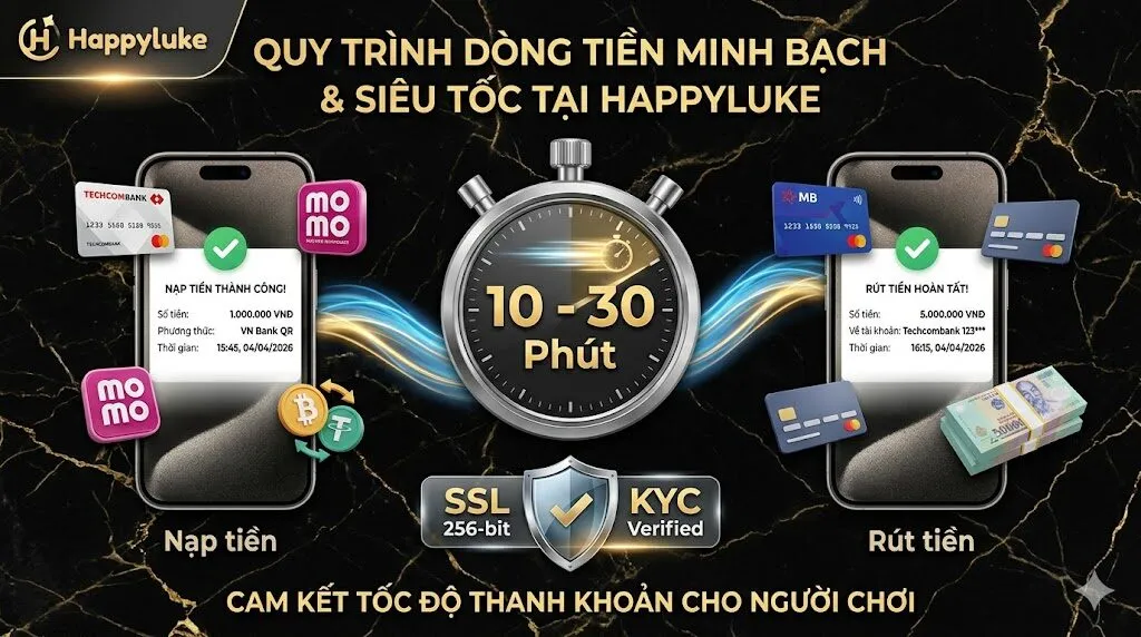 Đồ họa infographic chuyên nghiệp về quy trình nạp rút tiền nổ hũ siêu tốc tại Happyluke qua ngân hàng VN, ví MoMo, Crypto, hiển thị đồng hồ bấm giờ 10-30 Phút, cam kết bảo mật SSL 256-bit và xác minh KYC.