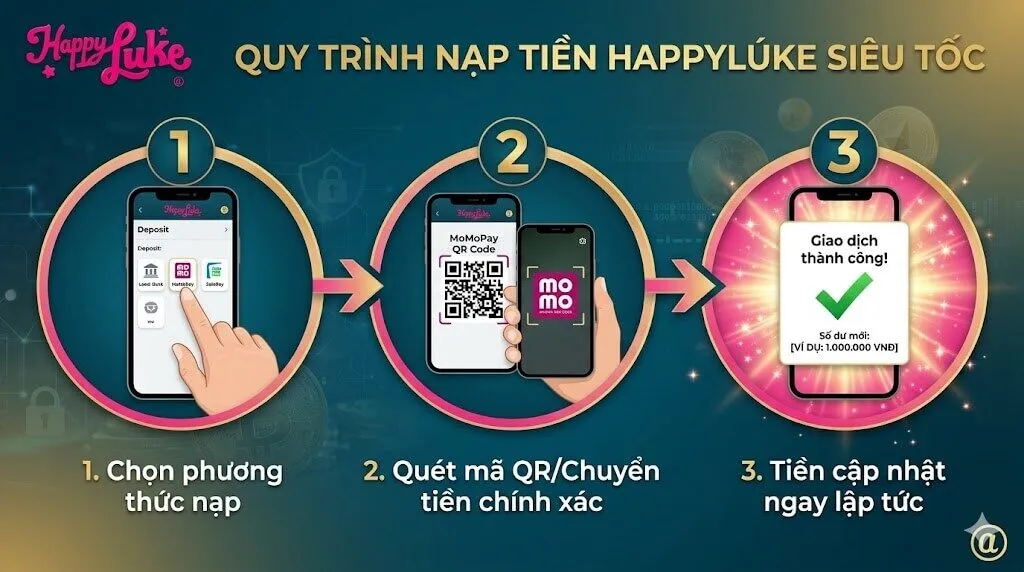 Hướng dẫn trực quan quy trình 3 bước nạp tiền Happyluke thành công: Chọn phương thức thanh toán, quét mã QR chuyển tiền chính xác và nhận thông báo cập nhật số dư ngay lập tức.