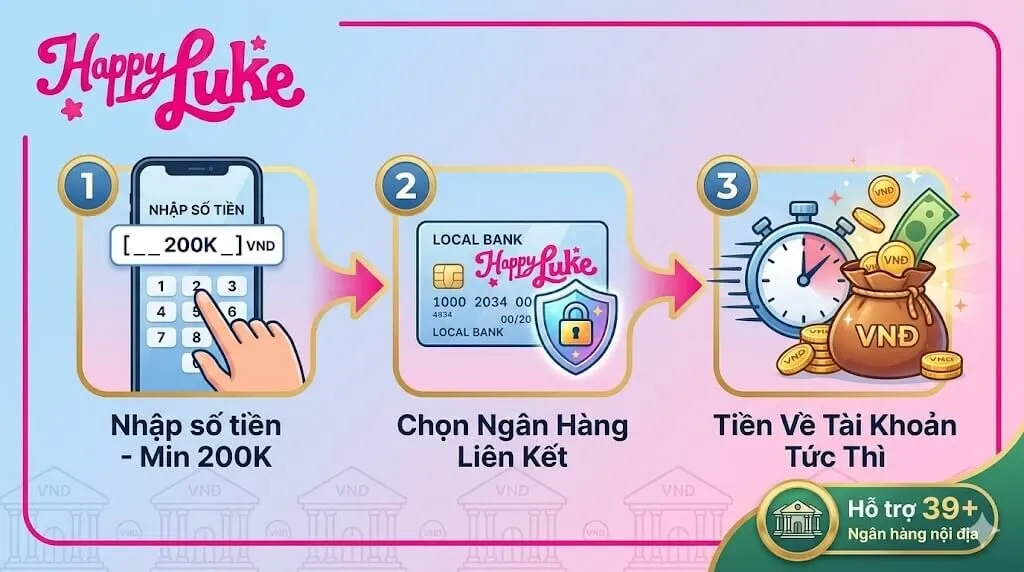 Chi tiết quy trình 3 bước rút tiền Happyluke về tài khoản ngân hàng địa phương: Nhập số tiền tối thiểu 200K, chọn ngân hàng liên kết chính chủ và nhận tiền tức thì.