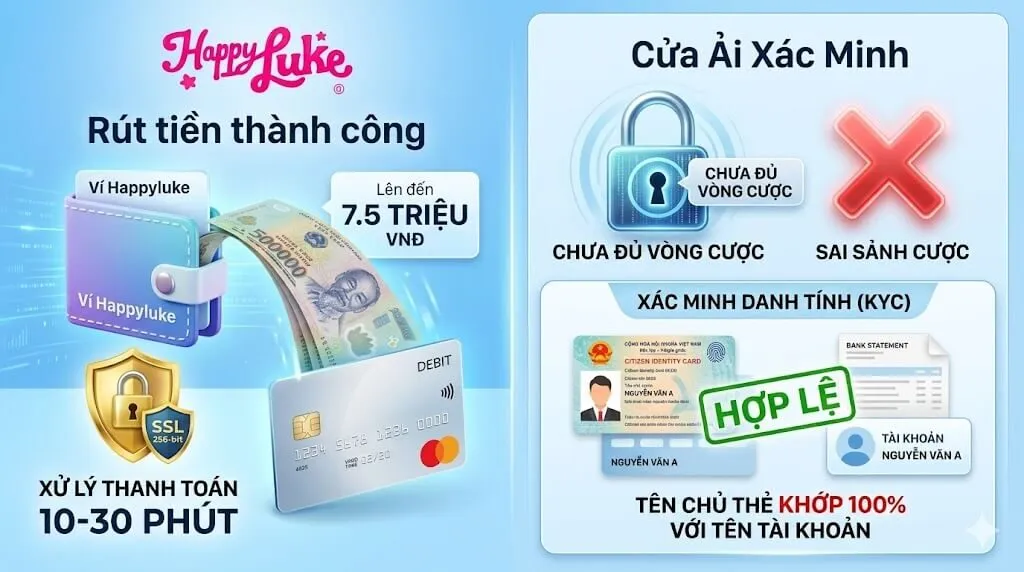 Hướng dẫn quy trình rút tiền Happyluke thành công và các bước xác minh danh tính KYC để bảo mật tài khoản.