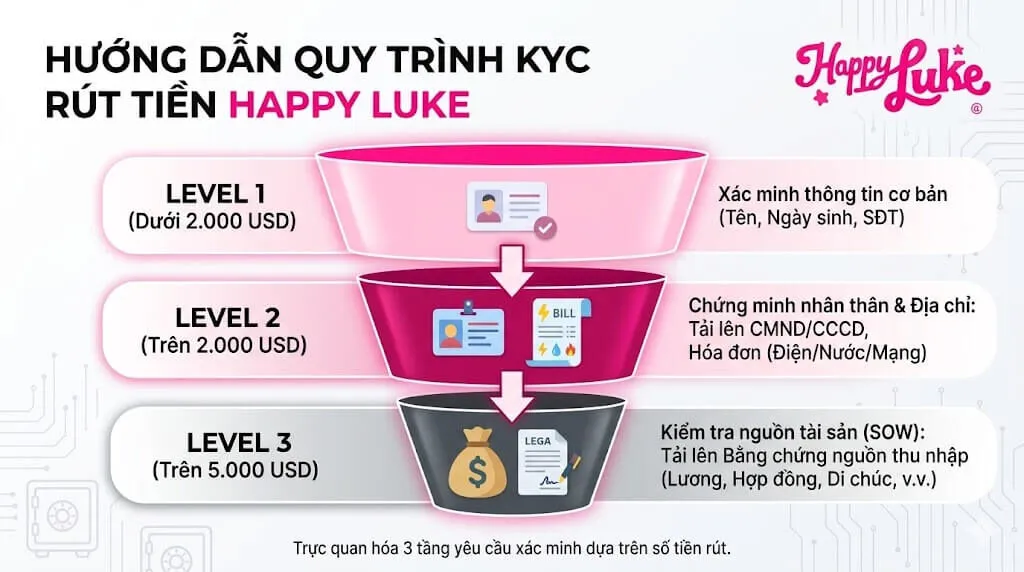 Infographic hướng dẫn chi tiết 3 cấp độ xác minh danh tính KYC tại Happyluke, bao gồm yêu cầu giấy tờ chứng minh nhân thân và kiểm tra nguồn tài sản tương ứng với từng hạn mức rút tiền.