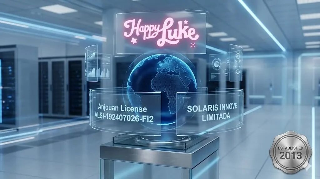 Hologram quả địa cầu phát sáng màu xanh dương đậm với các tấm bảng điện tử bay lơ lửng hiển thị rõ ràng 'Anjouan License ALSI-192407026-FI2' và 'SOLARIS INNOVE LIMITADA'. Góc dưới có tem nổi 'Established 2013' trong bối cảnh trung tâm dữ liệu ánh sáng nhẹ.