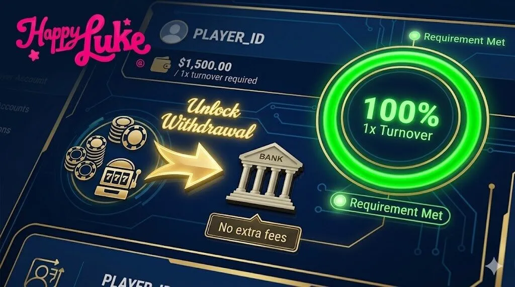 Giao diện dashboard tài khoản cá nhân. Nổi bật là thanh tiến trình hình tròn hiển thị '100% / 1x Turnover' sáng rực. Biểu tượng mũi tên chuyển từ Casino (chip poker, máy slot) sang Ngân hàng với dòng chữ 'Unlock Withdrawal'. Chú thích nhỏ: 'No extra fees'. Màu xanh lá và vàng gold chủ đạo.