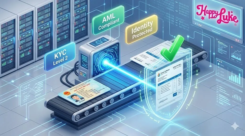 Thiết kế 3D Isometric hiện đại. Căn cước công dân và hóa đơn tiện ích đi qua khung quét laser màu xanh lam. Khi đi qua, dấu tick xanh 'Verified' và khiên bảo mật mờ bao bọc lấy giấy tờ. Phía trên có nhãn dán: 'KYC Level 2', 'AML Compliant', 'Identity Protected'. Bối cảnh trung tâm dữ liệu an toàn, chuyên nghiệp.